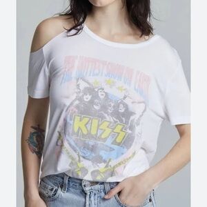 Recycled Karma White KISS Off-Shoulder Tee
